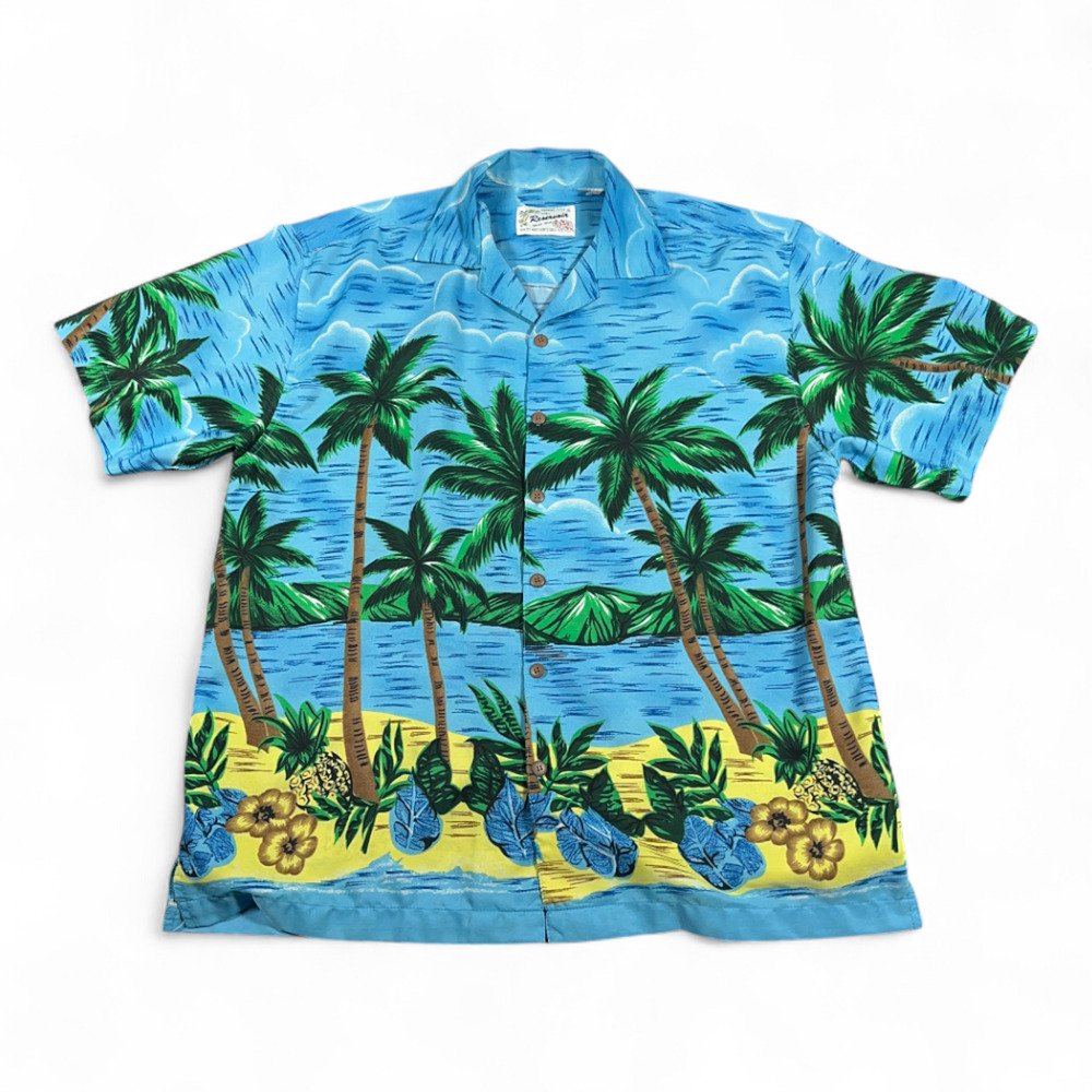 Vintage Reservoir Hawaiian Shirt Adult LARGE Blue Ocean Beach Palms Tropical 80s
